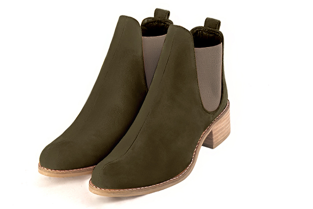 Khaki green and bronze beige women's ankle boots, with elastics. Round toe. Low leather soles. Front view - Florence KOOIJMAN
